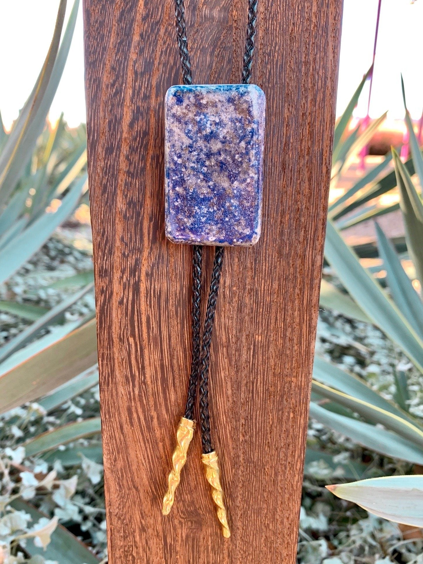 Lapis lazuli bolo tie with gold pyrite flecks, handmade by Cord and Clasp